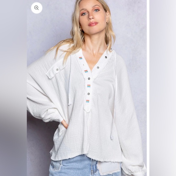 POL Those Girls Half Button Embroidered Gauze Hoodie Top - Picture 2 of 6